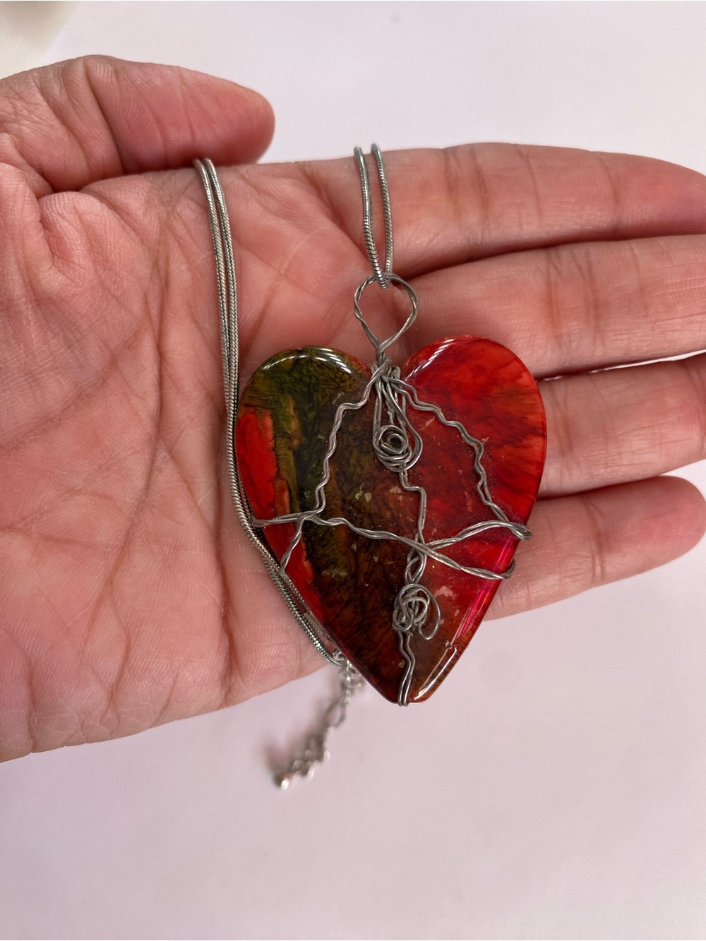 Red Heart Pendant Necklace with Silver Wire Accent 12” New